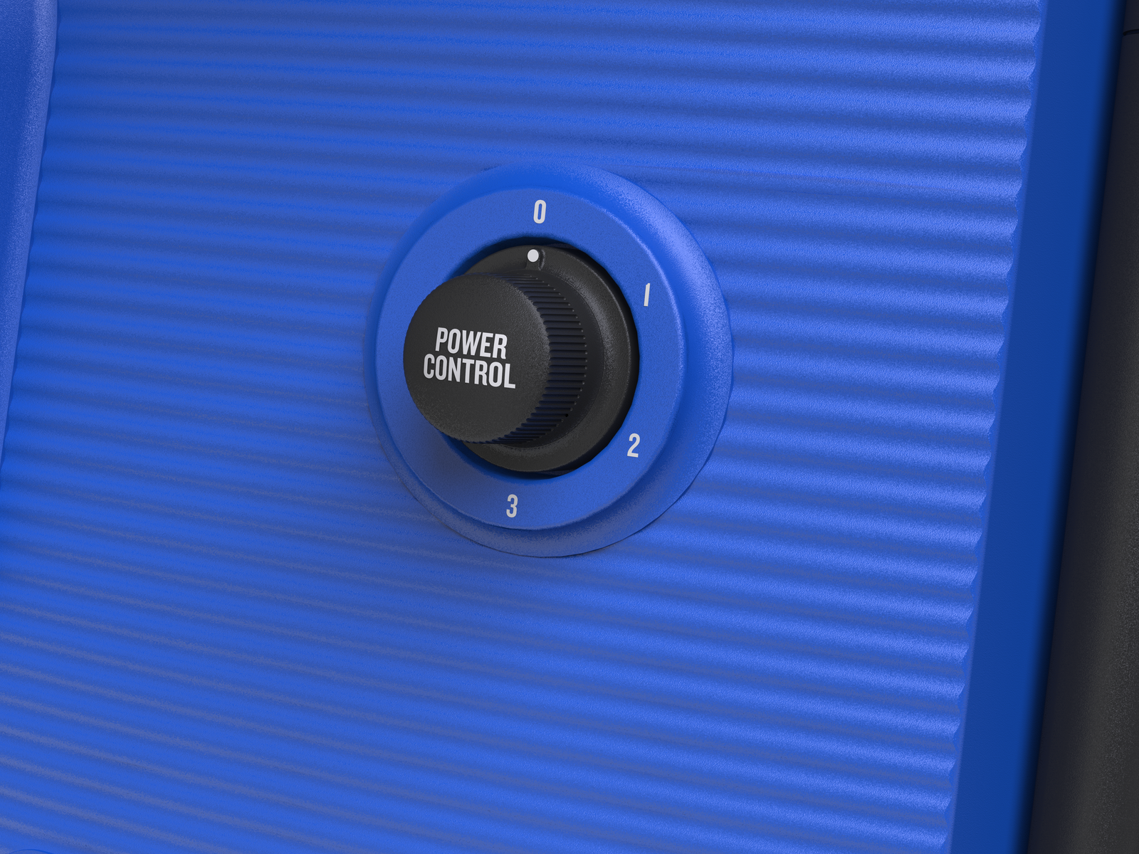 Niebieski panel sterowania z czarnym pokrętłem sterowania zasilaniem, oznaczonym liczbami i tekstem.
