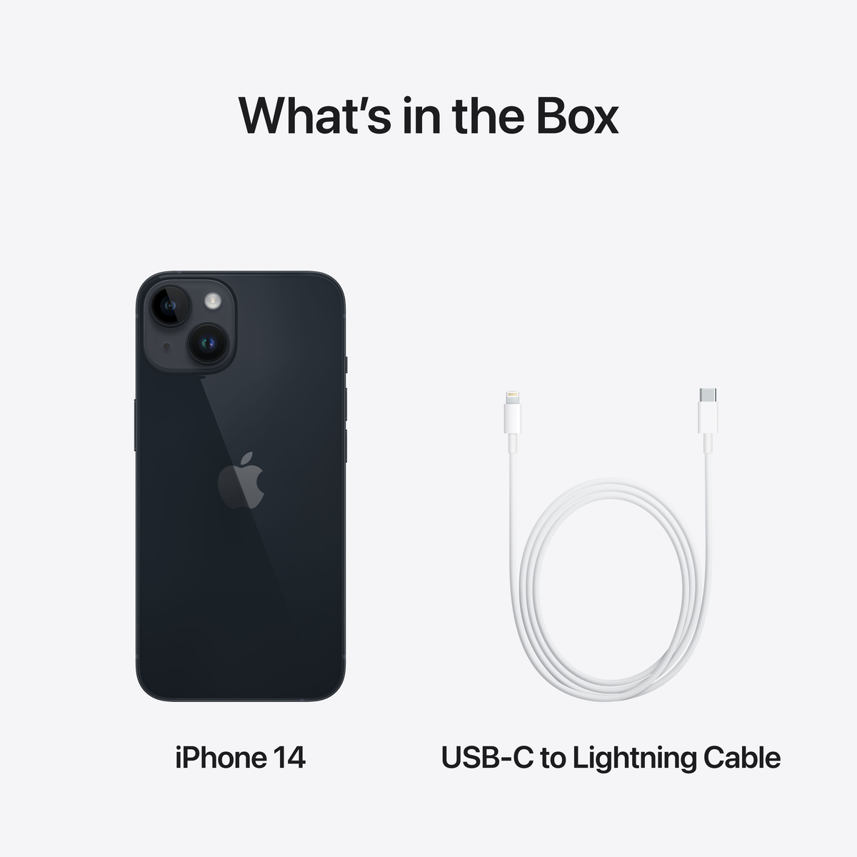 iPhone 14 i kabel USB-C do Lightning na białym tle. Tekst: 'Co jest w pudełku'.