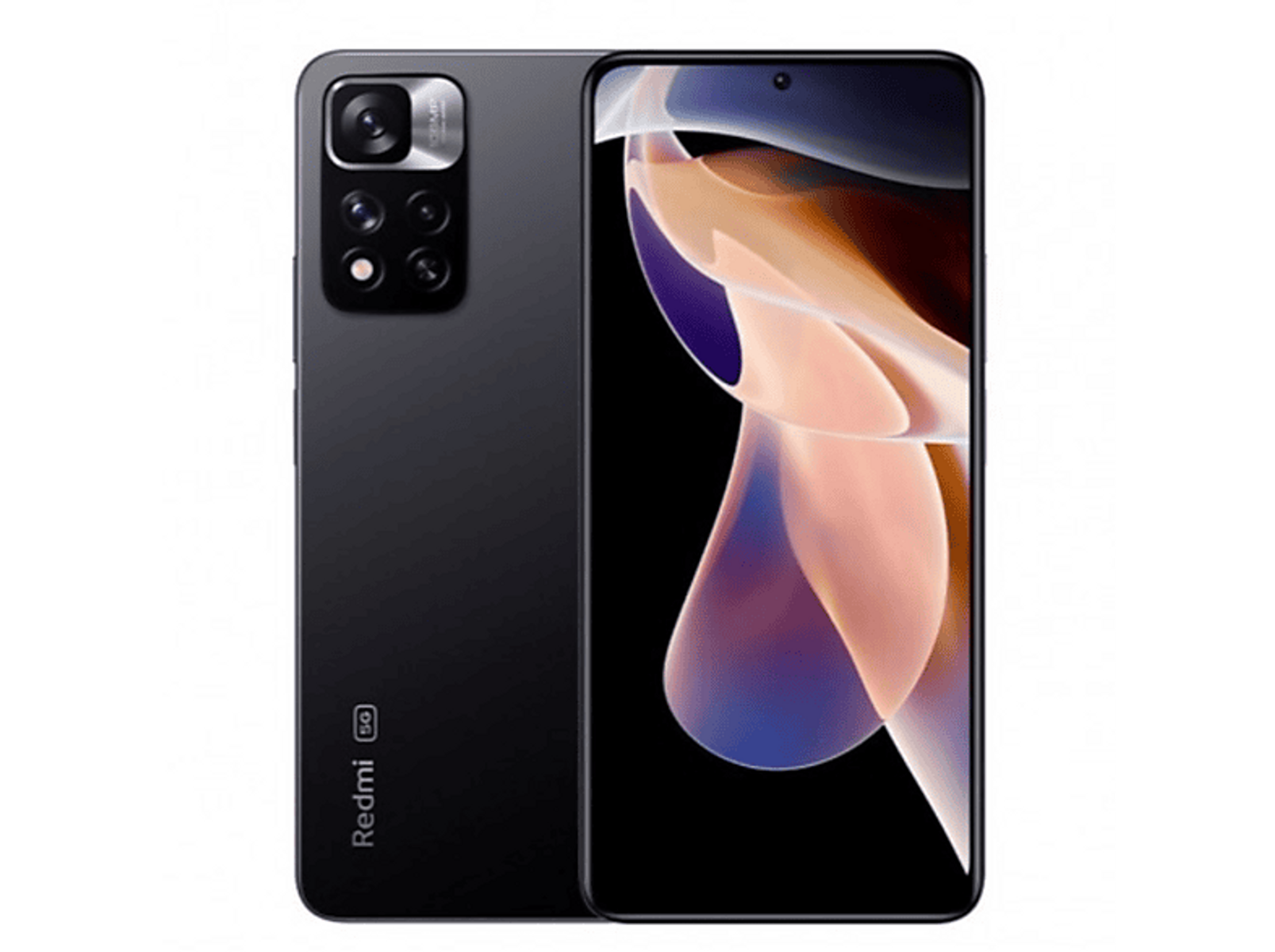 Schwarzes Xiaomi Redmi 5G-Telefon, Vorder- und Rückseite zeigend.