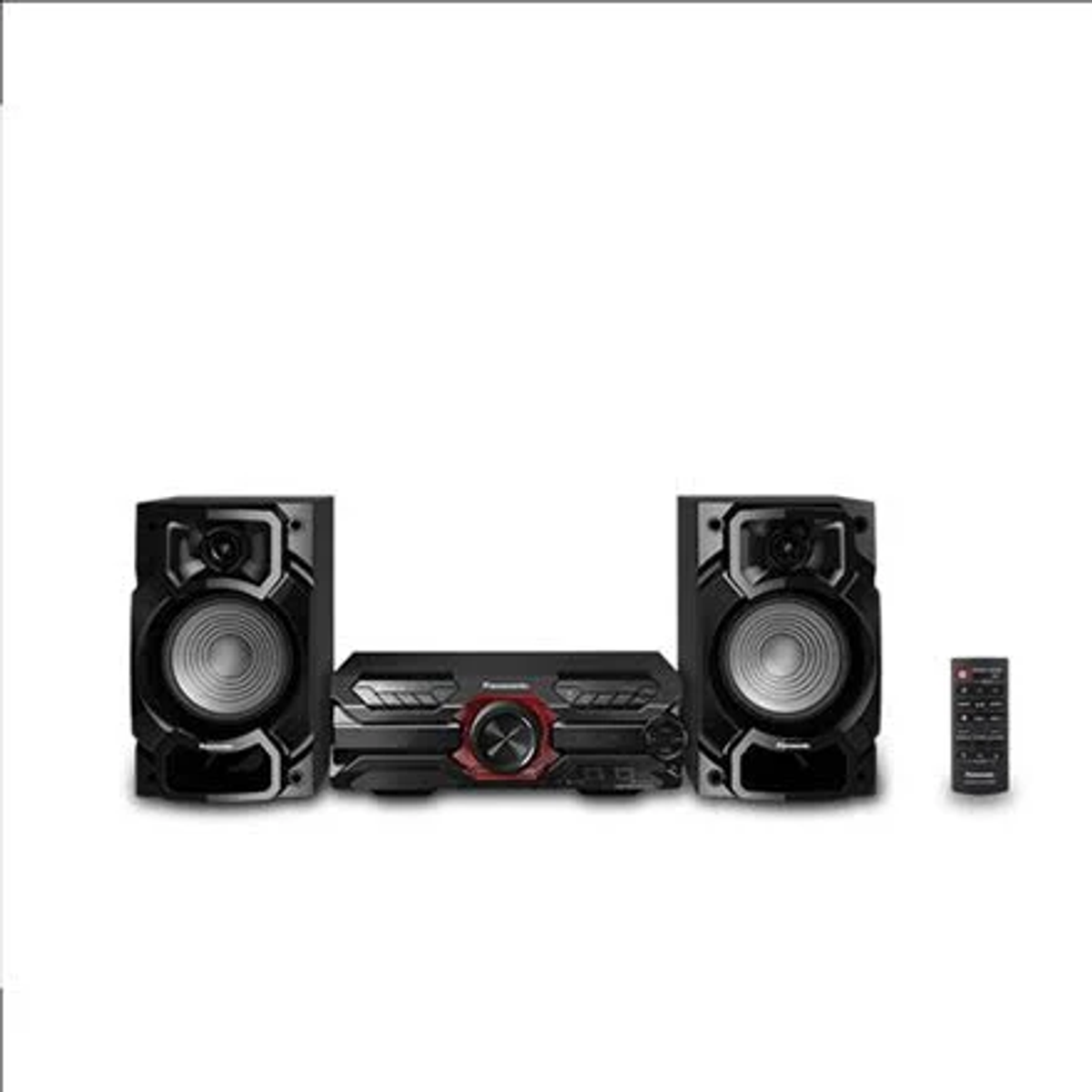 Impianto stereo nero con due altoparlanti, un ricevitore e un telecomando.