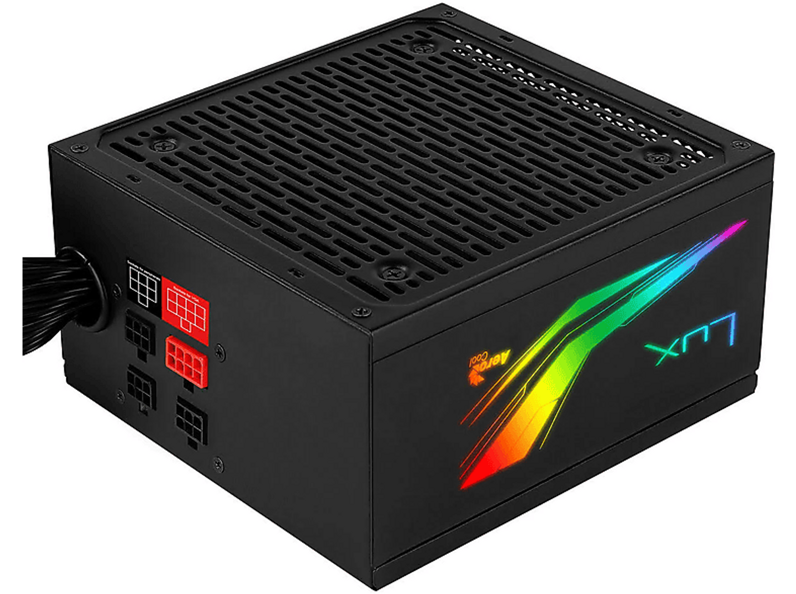 Alimentatore nero con diversi connettori, testo: AeroCool.