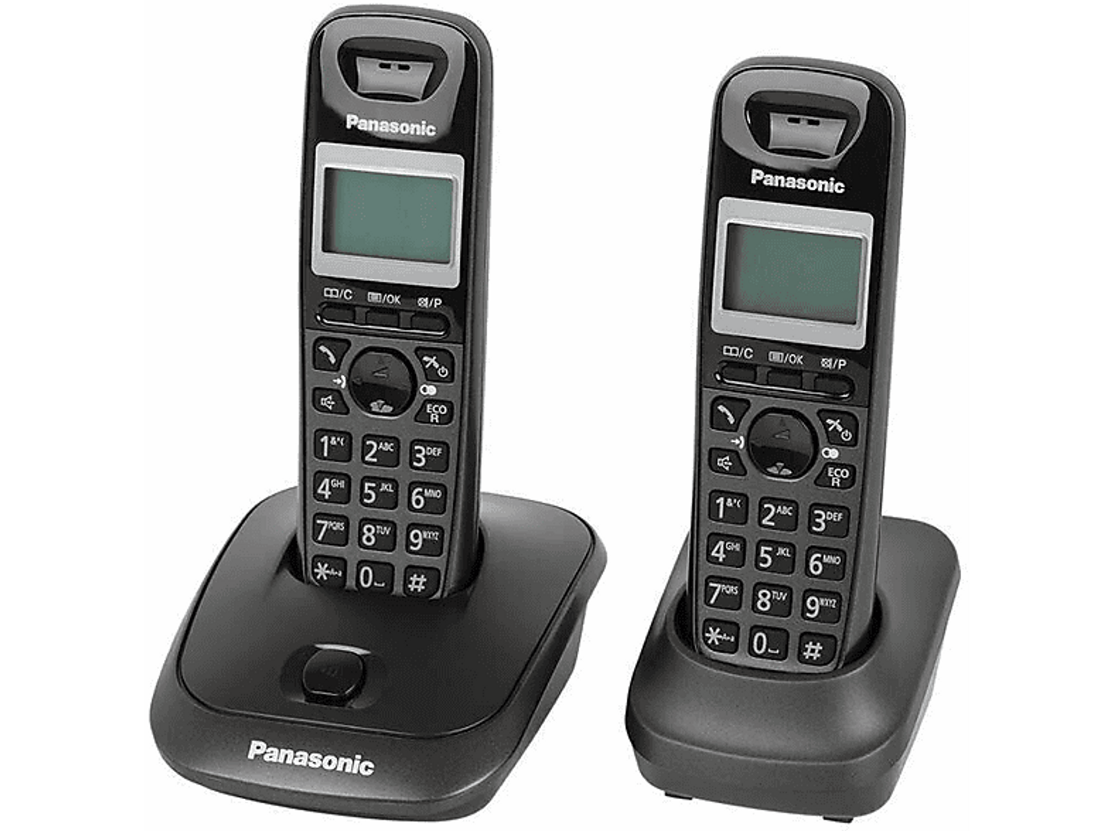 Deux téléphones sans fil Panasonic noirs sur leurs bases de chargement, avec écrans.