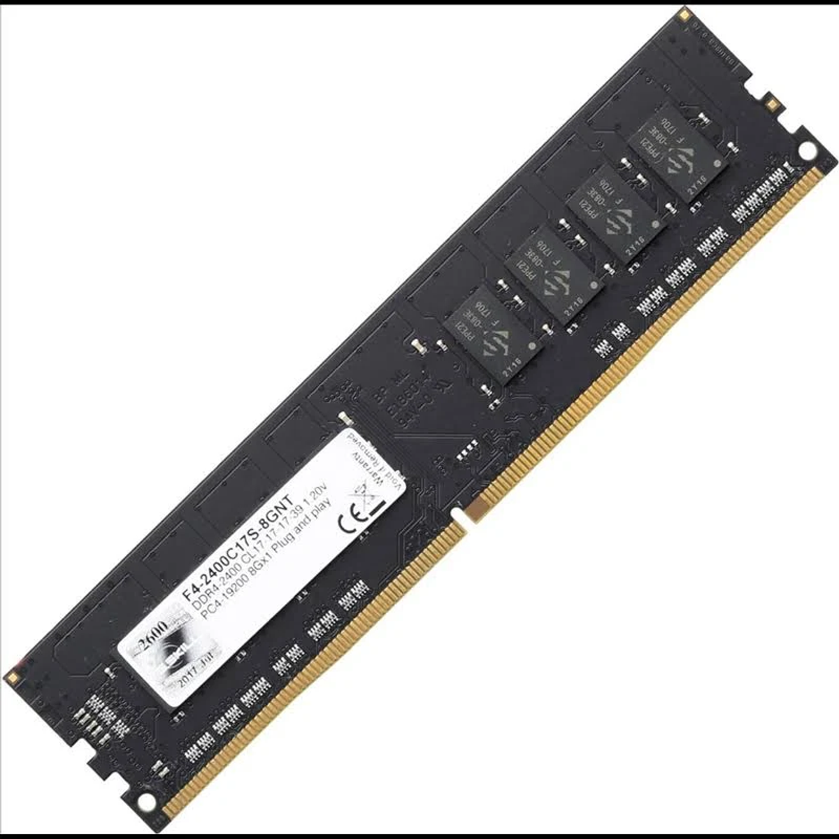 Módulo de memoria RAM negro. Múltiples chips y conectores dorados visibles. Etiqueta con texto.