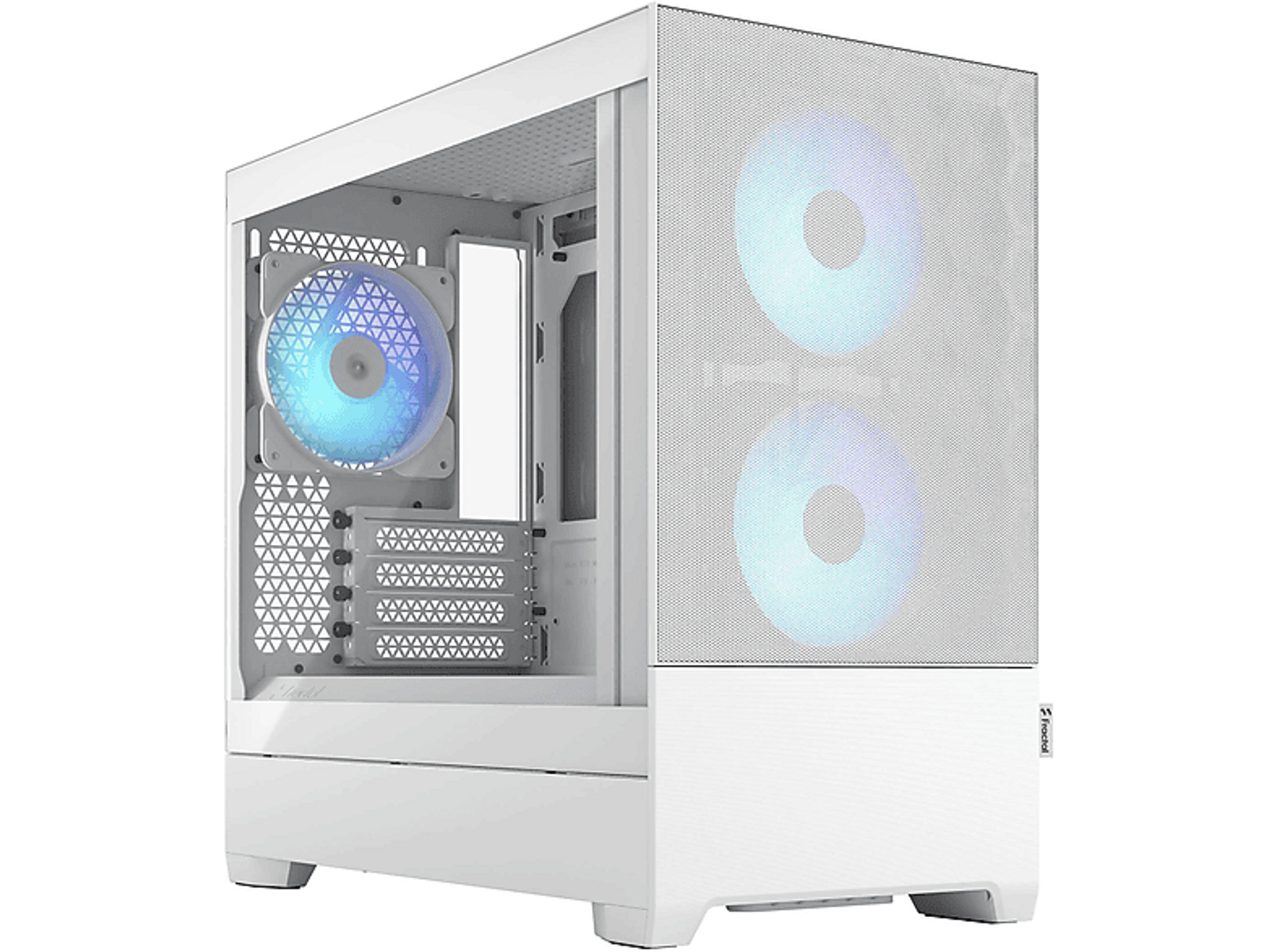 Biała obudowa PC z siatkowym przodem. Widoczne dwa wentylatory ze światłami w kolorze niebieskim i fioletowym.