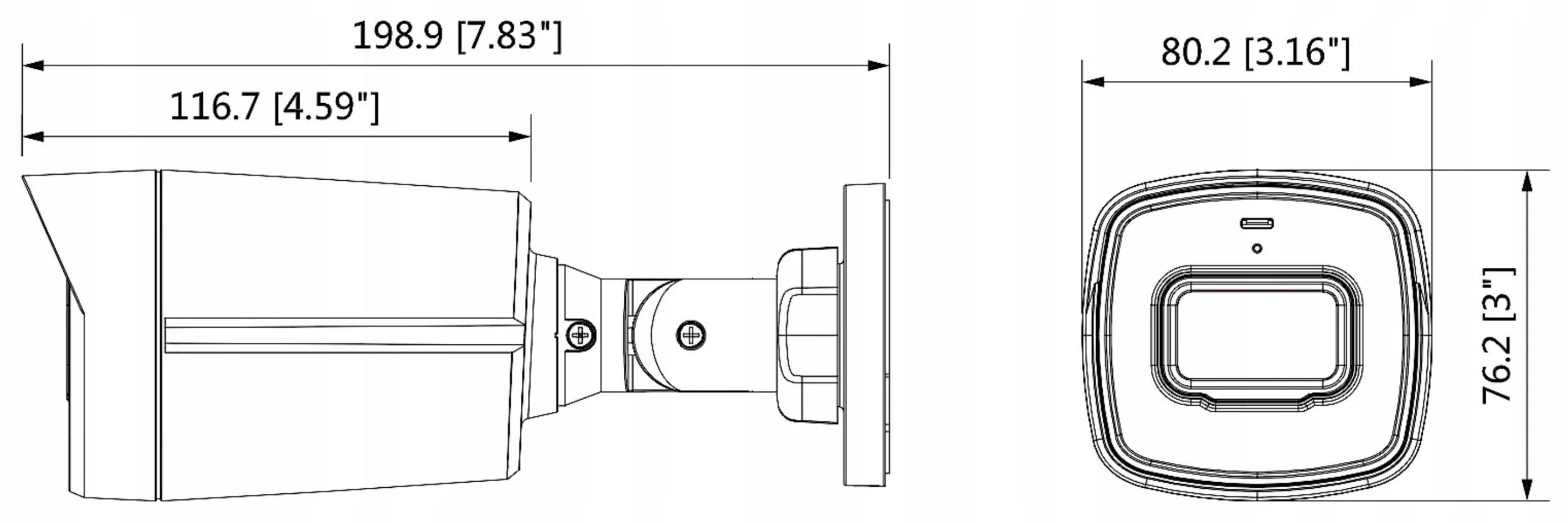 Schemat kamery bezpieczeństwa. Pokazuje wymiary i szczegóły.
