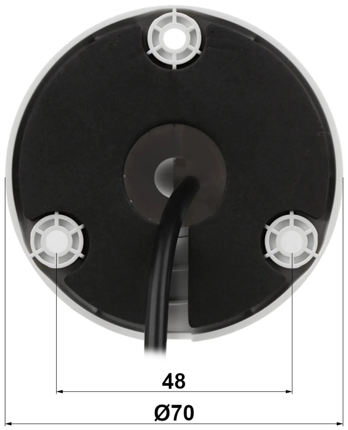Biała okrągła podstawa kamery. Ma czarne centrum i trzy białe otwory na śruby wokół.