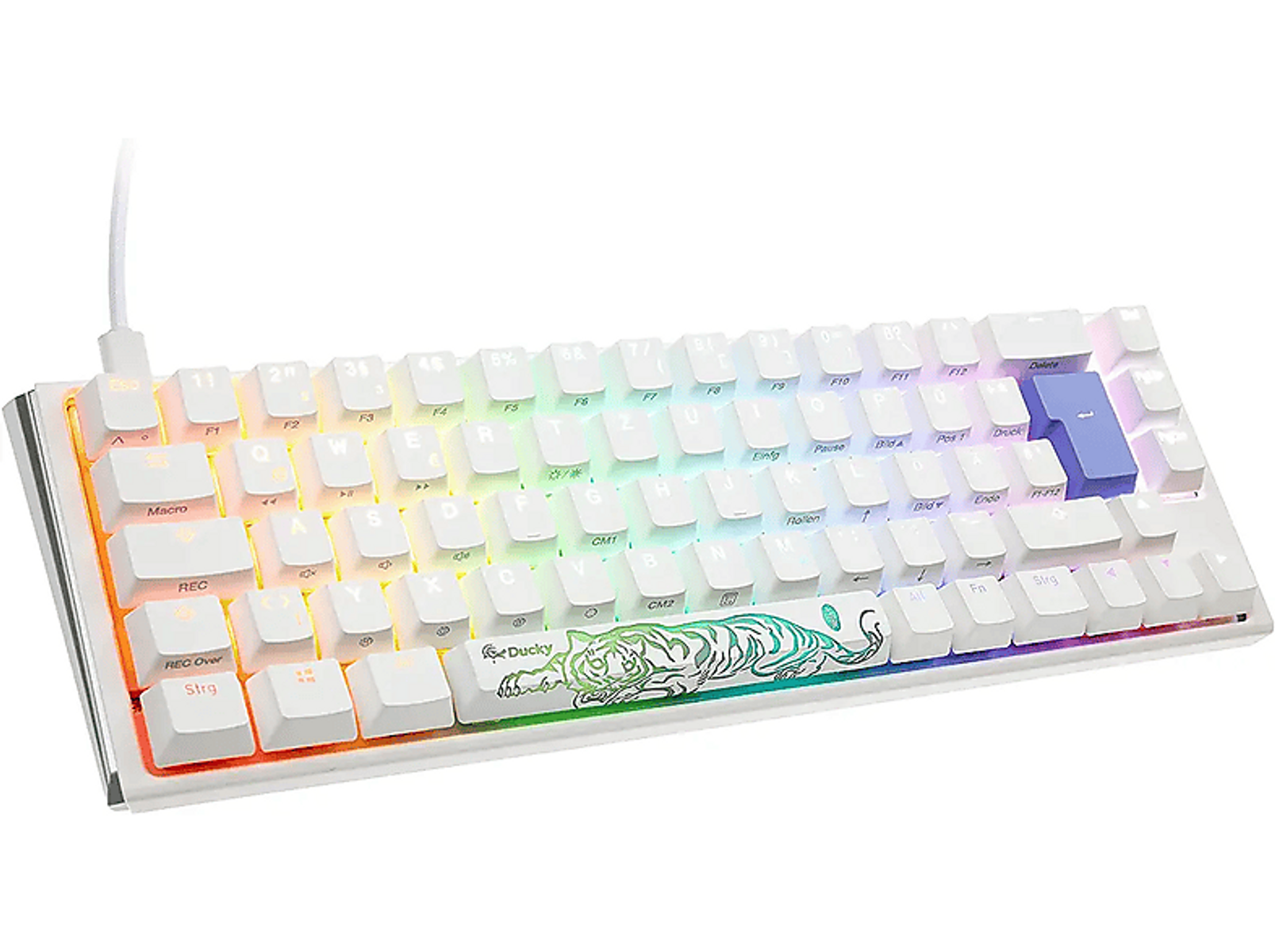 Tastiera bianca con tasti retroilluminati colorati, design tigre e cavo bianco.