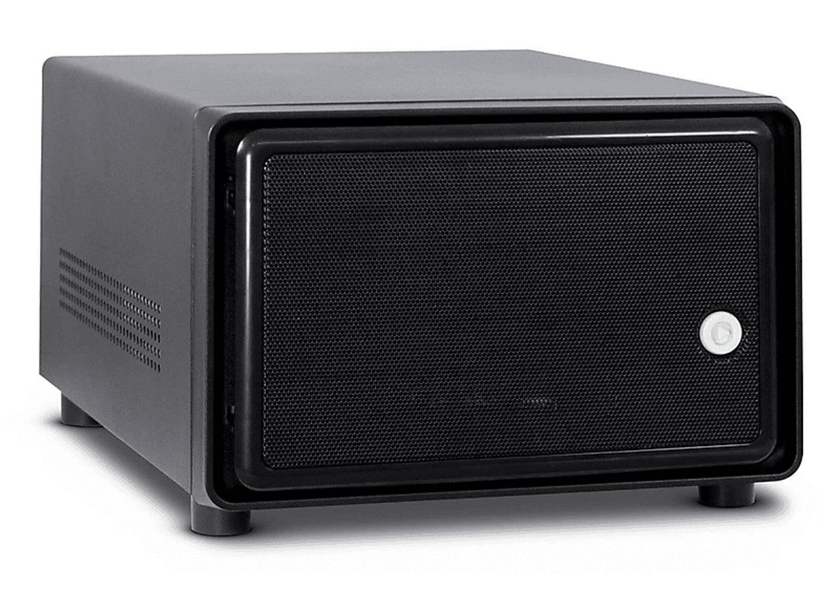 Czarna obudowa komputera z siatkowym przodem i małym białym przyciskiem zasilania.