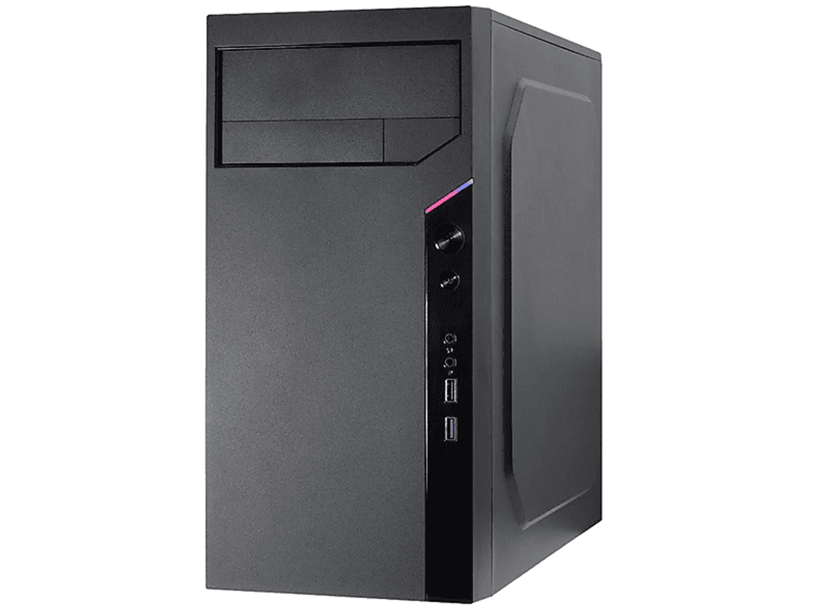 Czarna obudowa komputera z przyciskiem zasilania i portami USB. Jest na czarnym tle.