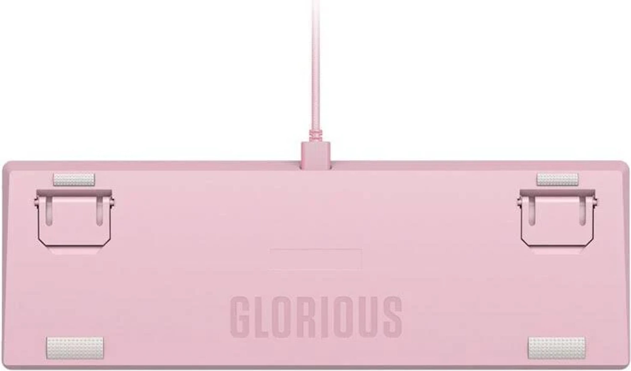 Roze mechanisch toetsenbord, achteraanzicht, met Glorious branding en witte pads.