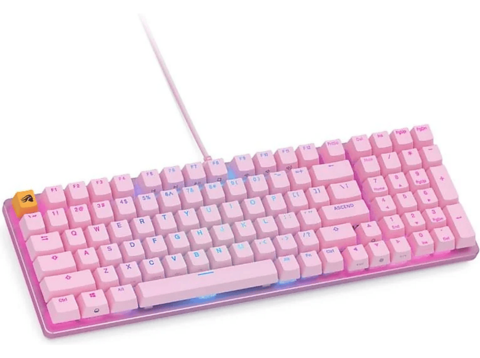 Roze mechanisch toetsenbord met witte toetsen, roze frame en een gele keycap.