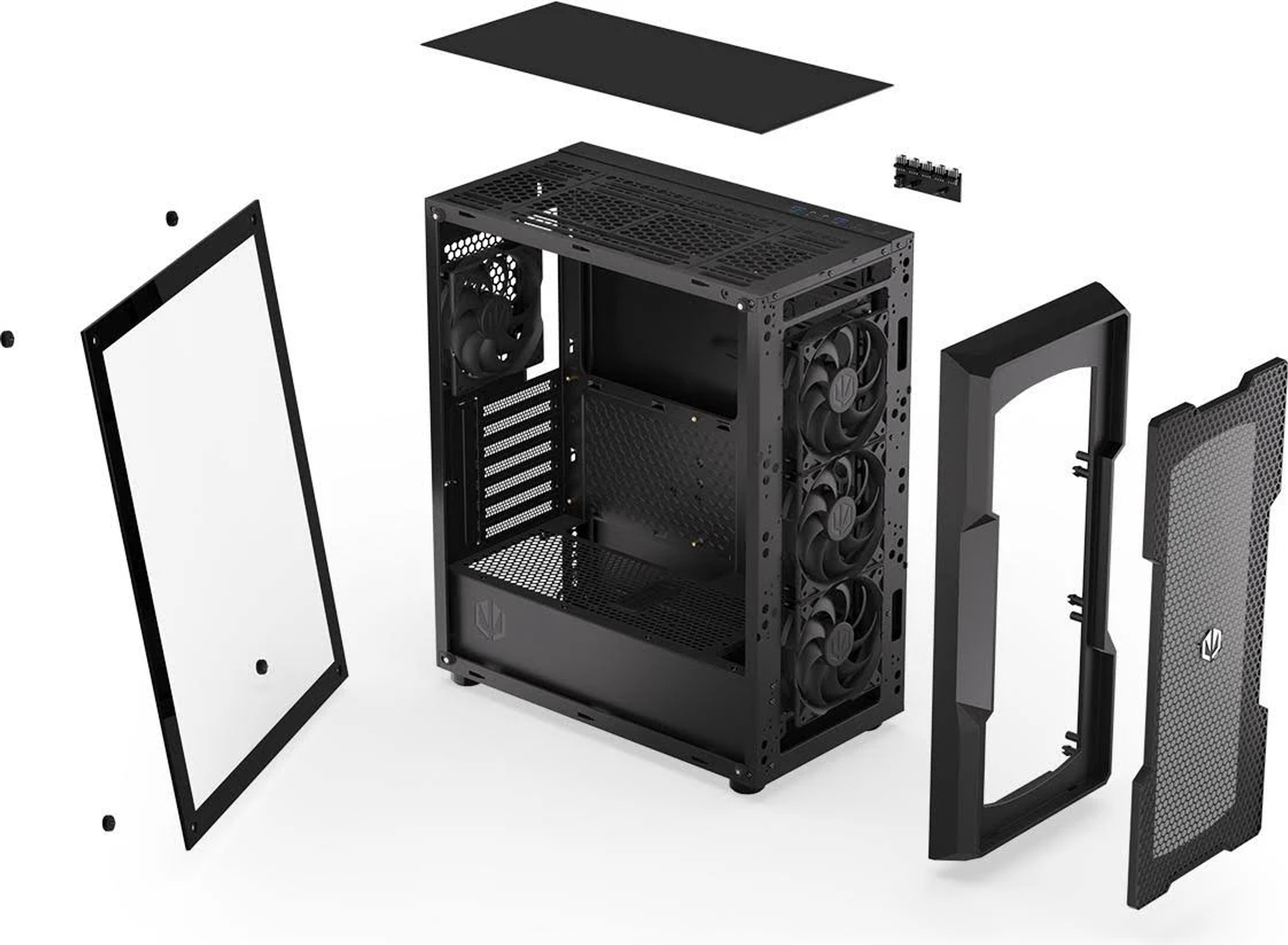 Widok rozstrzelony obudowy komputera z różnymi elementami. Obudowa jest czarna.