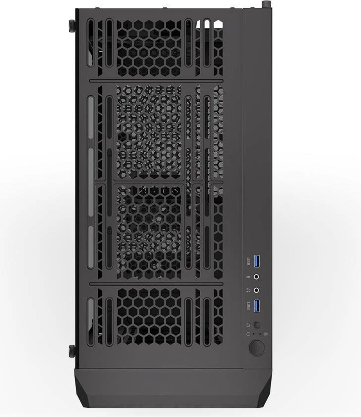 Czarna obudowa komputera z sześciokątnymi wzorami wentylacyjnymi.