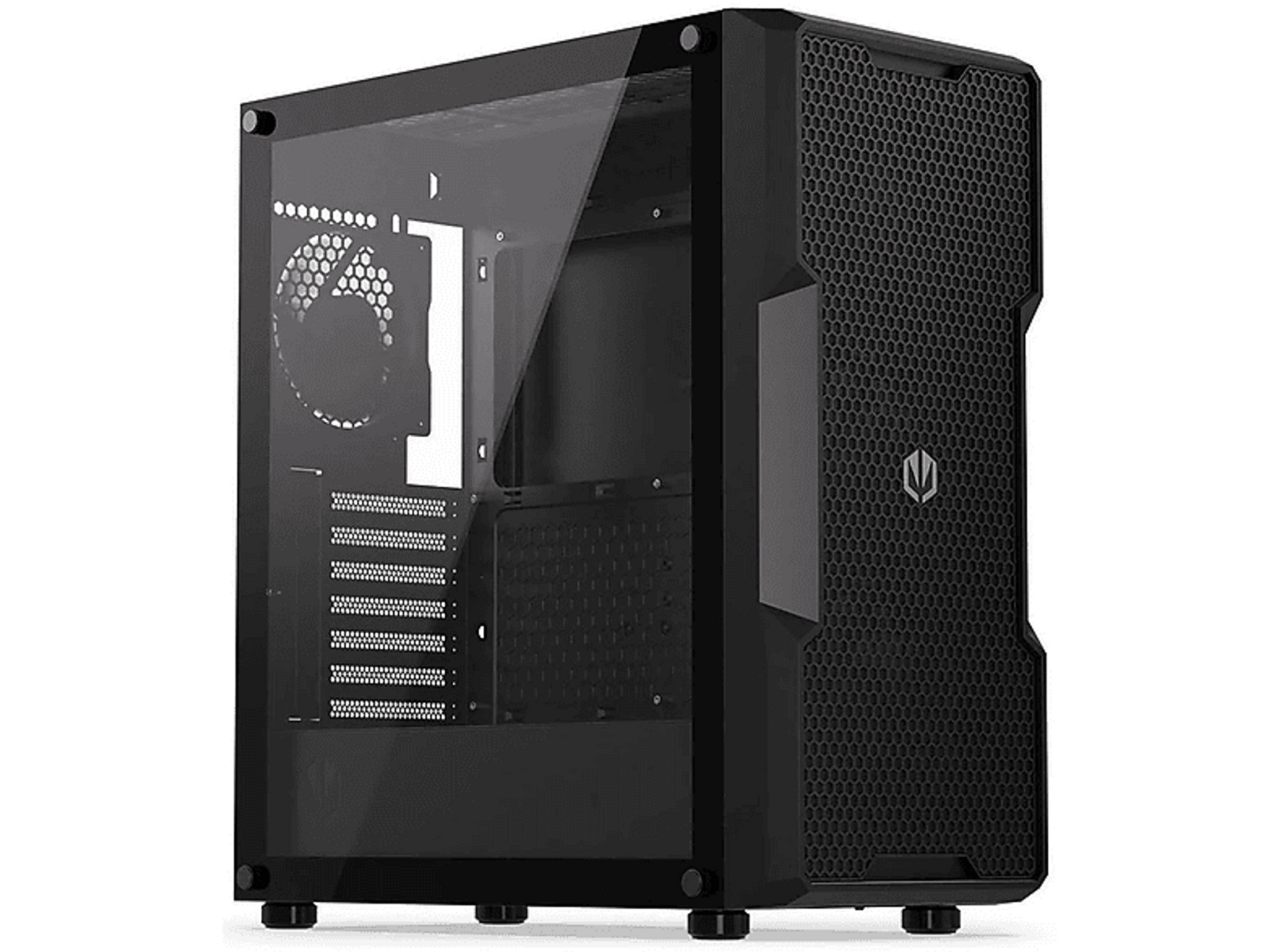 Czarna obudowa komputera ze szklanym panelem bocznym i przednim plastrem miodu.