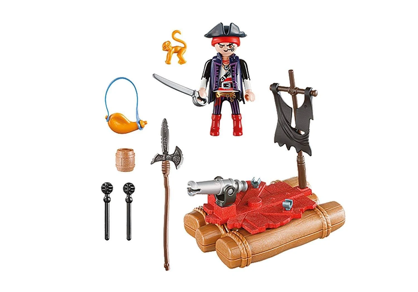Ein Playmobil Piraten-Set mit Piratenfigur, Floß, Kanone und anderem Zubehör.