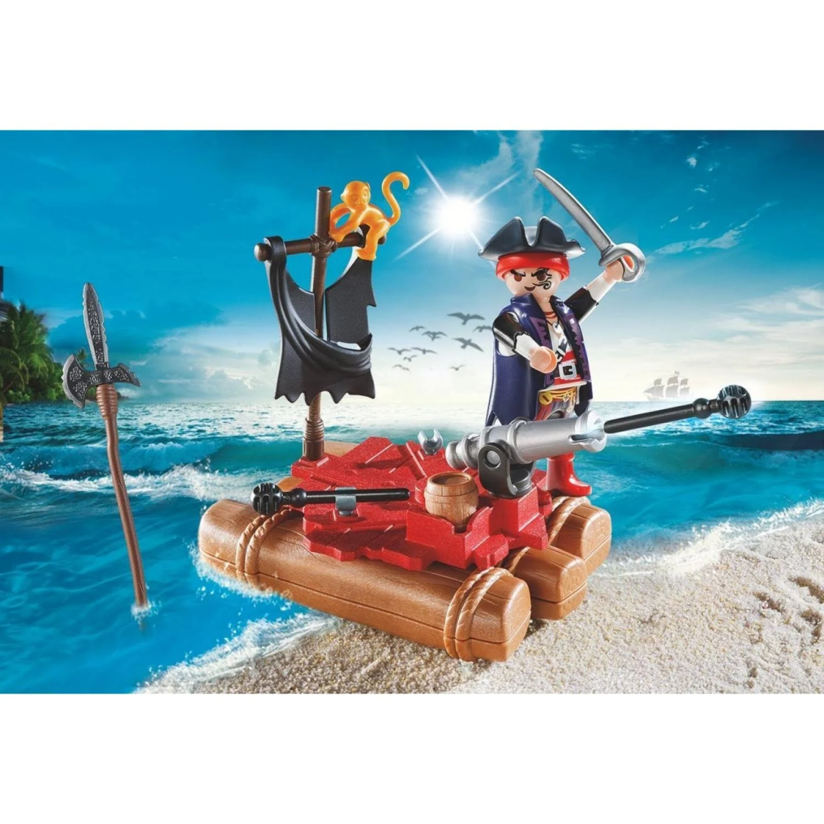 Giocattolo di nave pirata Playmobil con un personaggio pirata. La scena è sull'acqua.