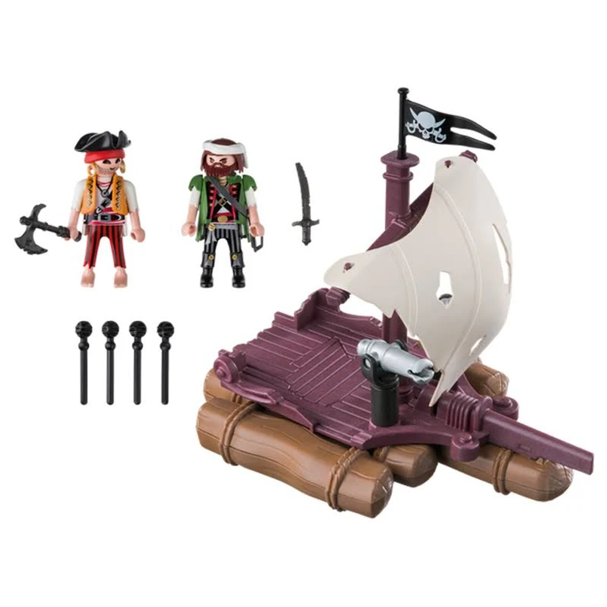 Set di personaggi dei pirati Playmobil e zattera, inclusi pirati, zattera, cannoni e accessori.