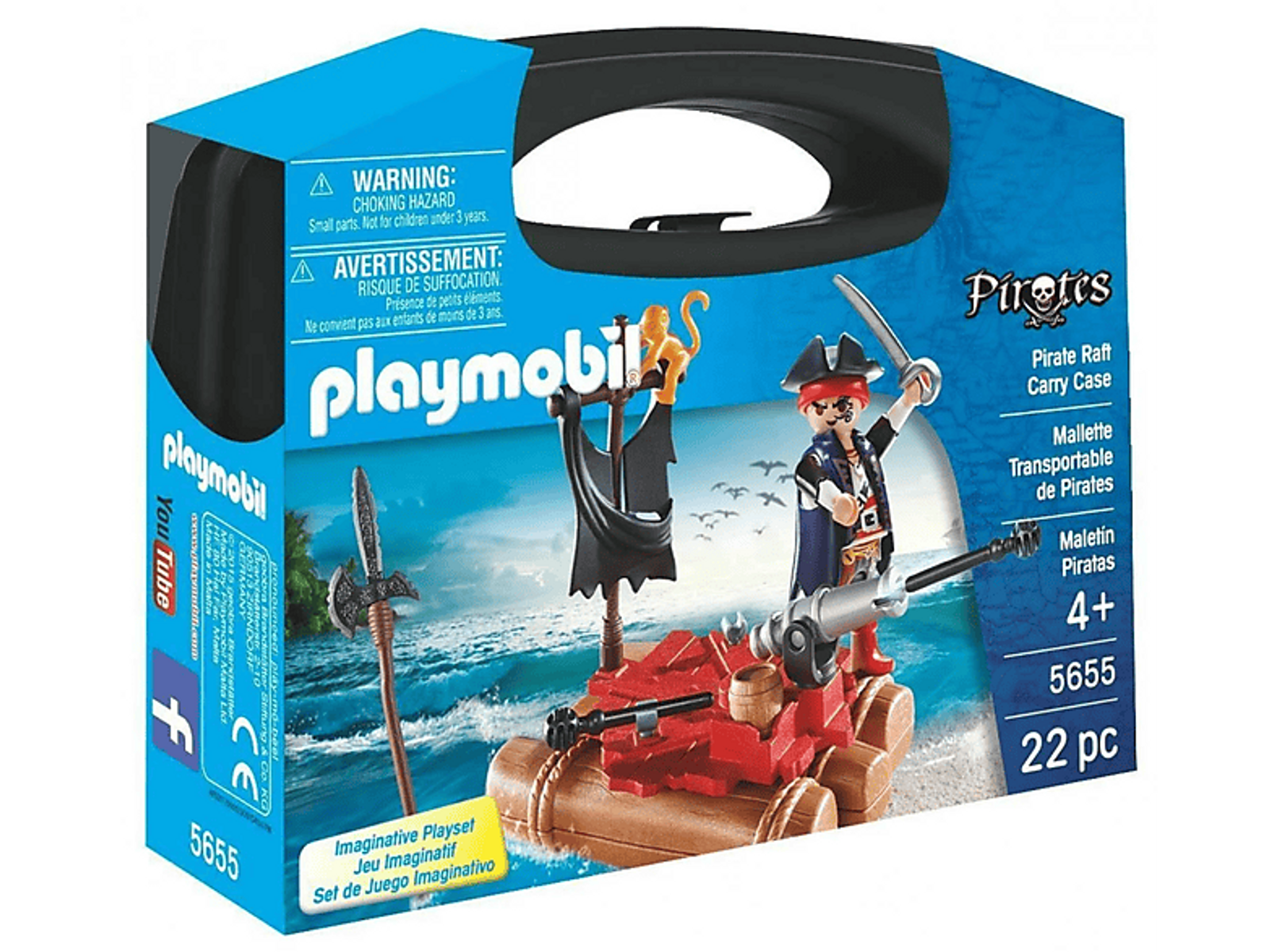 Scatola giocattolo Playmobil Pirata con personaggio e accessori, su sfondo nero.