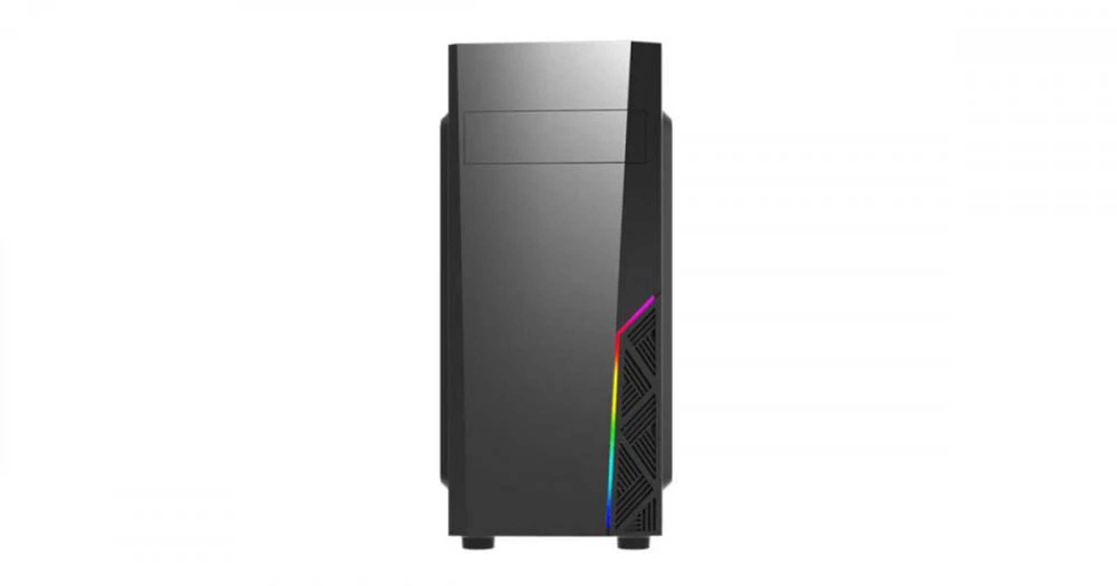 Schwarzes Computergehäuse mit farbigem Lichtstreifen an der Seite. Weißer Hintergrund.