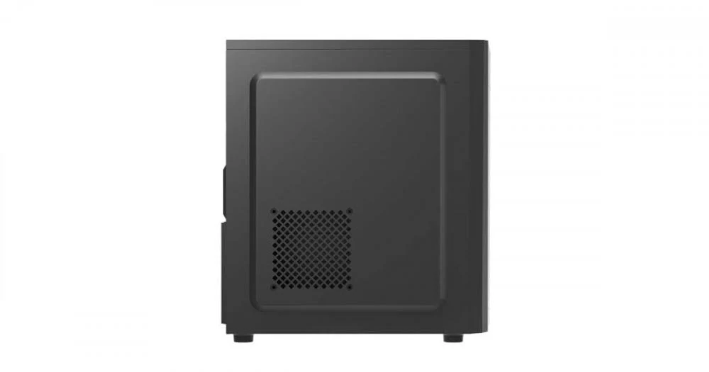 Schwarzes Computergehäuse, Seitenansicht, mit Lüftungsschlitz und kleinen Füßen.