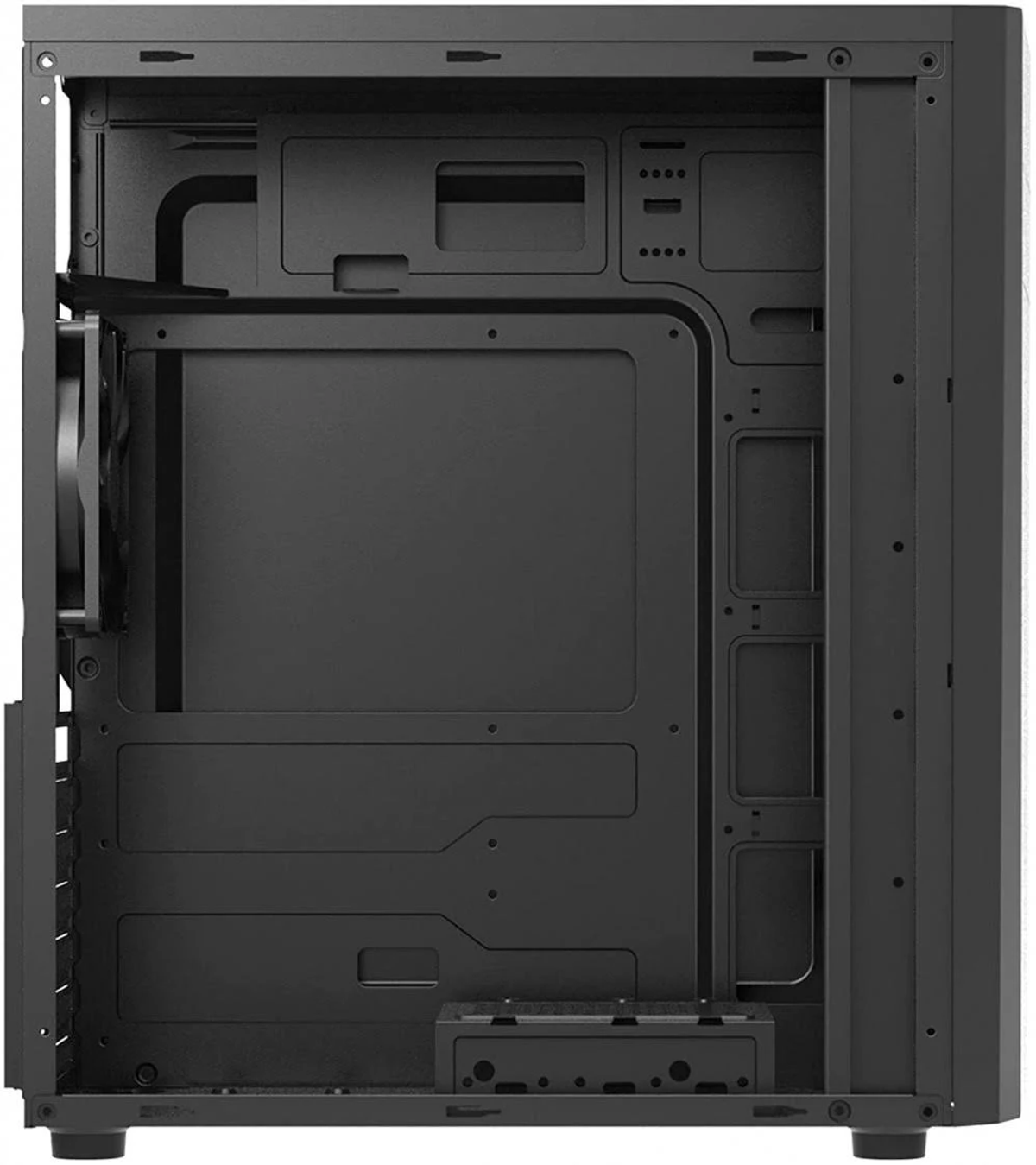 Schwarzes PC-Gehäuse-Innenteil. Es hat Platz für Komponenten und eine Lüfterhalterung.