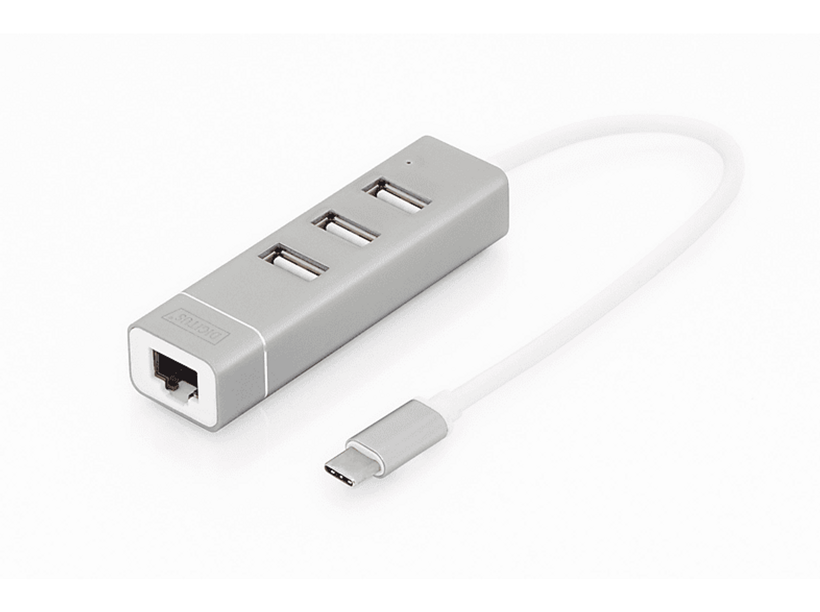 Silberner USB-Hub mit 3 USB-Anschlüssen und einem USB-C-Anschluss.