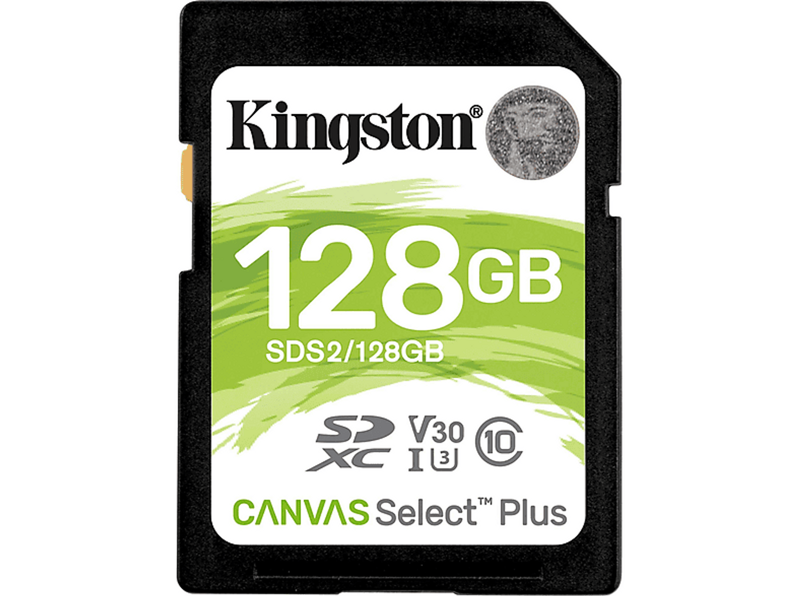 Scheda SD Kingston nera da 128GB. Etichetta verde e bianca.