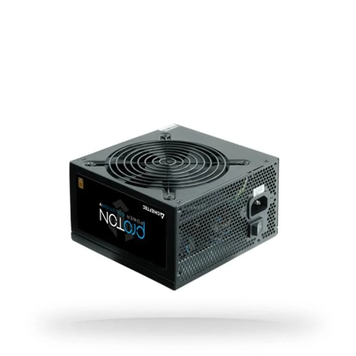 Alimentatore nero con ventola, parola 'PROTON' in blu, e custodia nera.