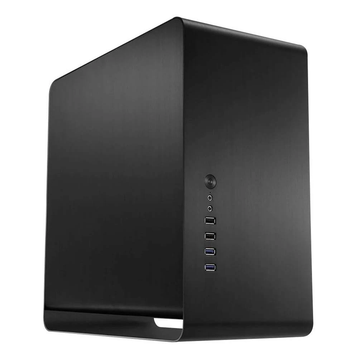 Case PC nero. Design minimalista, con poche porte. Sfondo bianco.