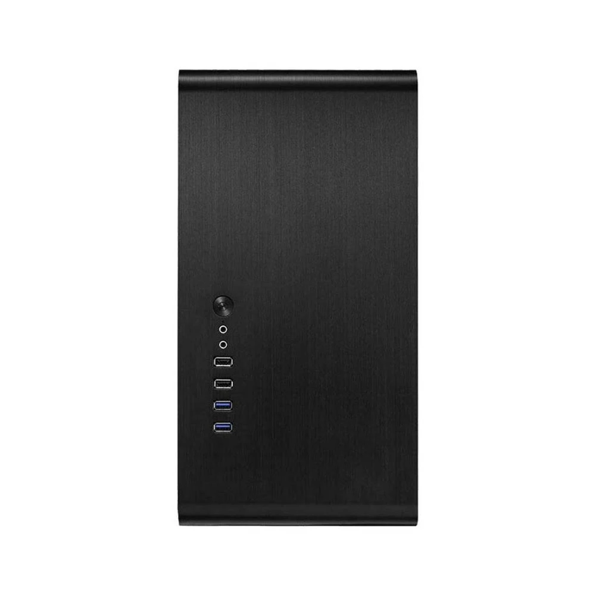 Un case nero per computer con porte e pulsante di accensione, design minimalista.