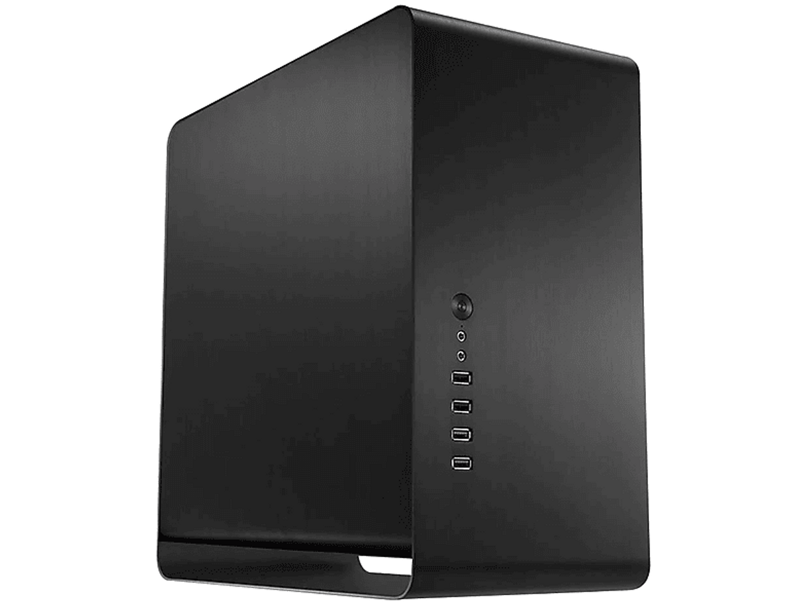Case per computer nero. Ha un design minimalista con diverse porte USB sul lato.