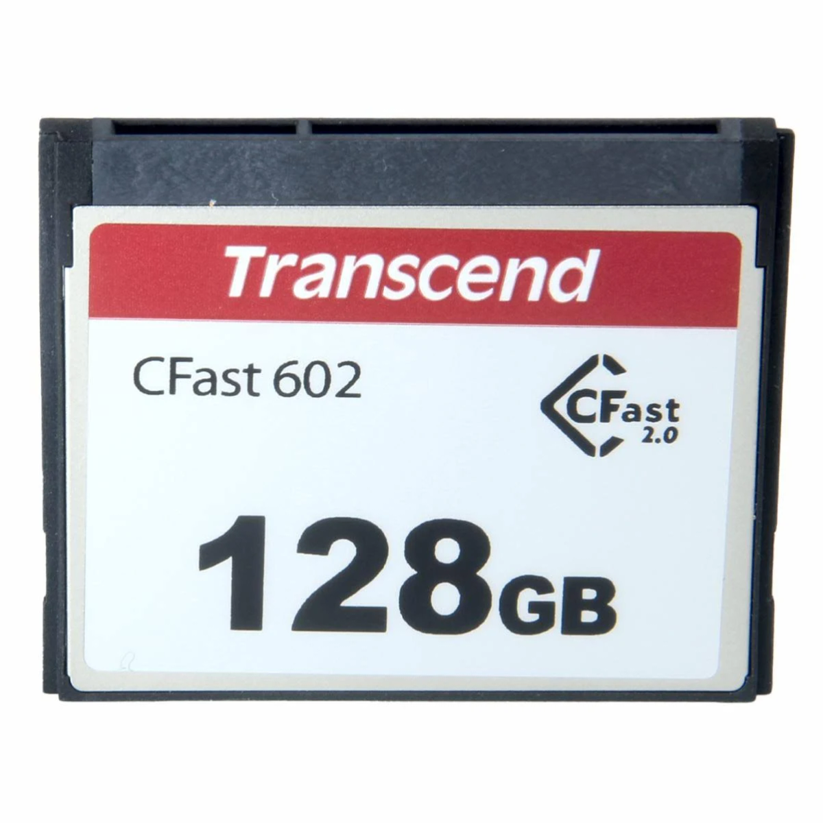 Schwarze CFast-Karte. Die Karte hat weißen Text und das Transcend-Logo.