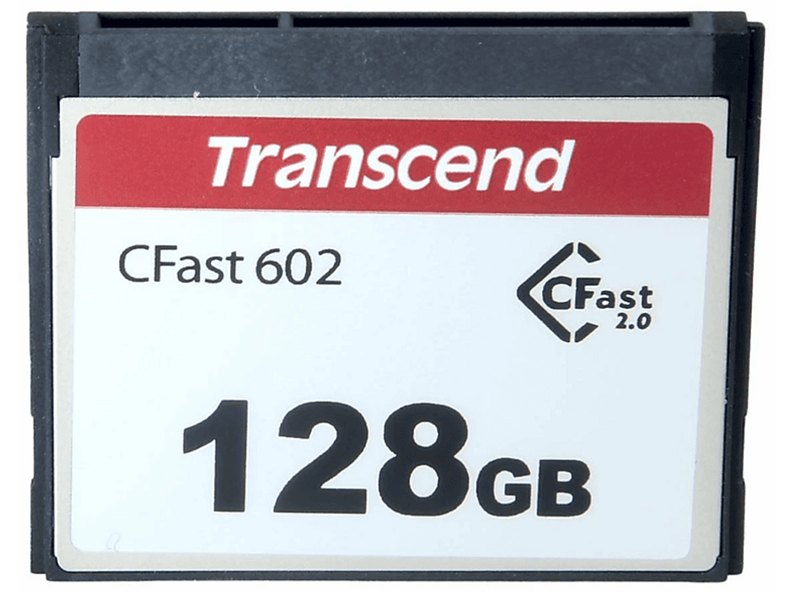 CFast 128GB Speicherkarte mit Transcend-Branding, weißer Text auf schwarzer Karte.