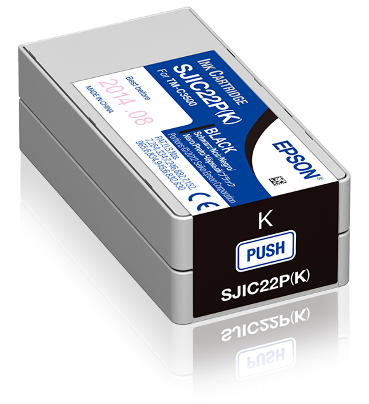 Eine Epson SJIC22P(K) Tintenpatrone in einer grau-schwarzen Box, mit schwarzem Tintenetikett, weißer Hintergrund.