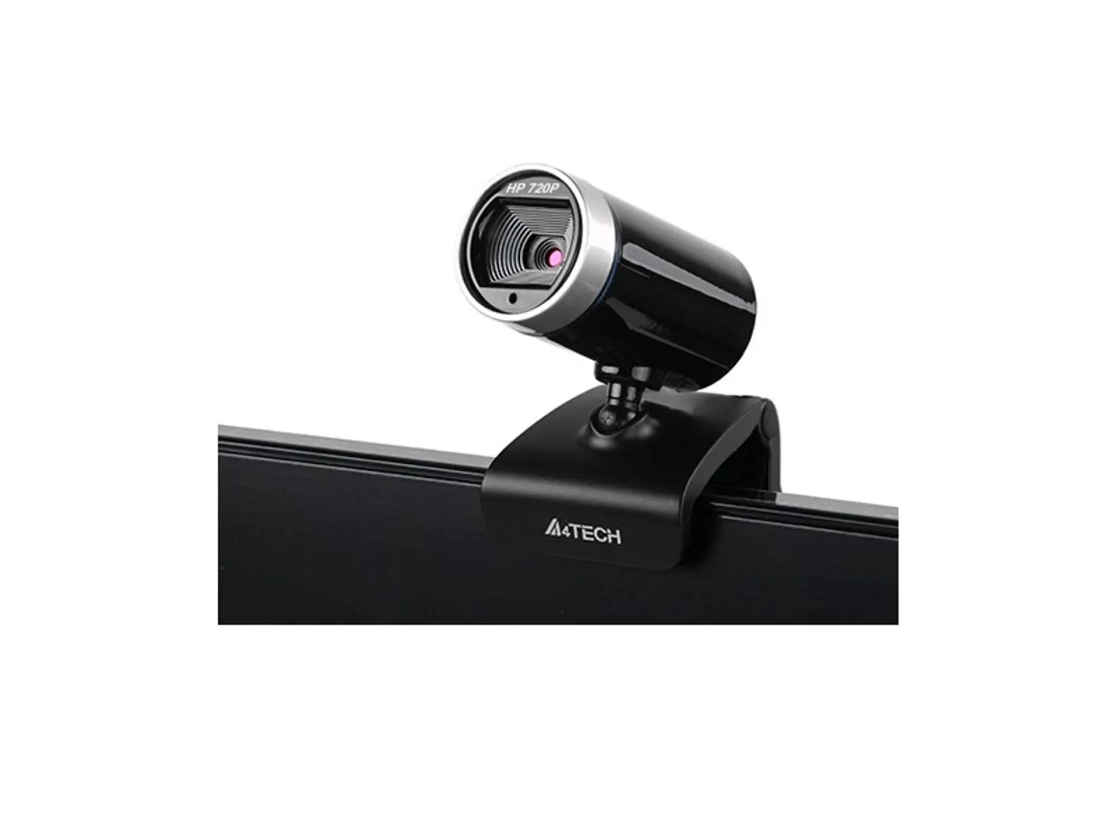 Schwarze HP 720P Webcam an einem Monitor befestigt, angewinkelte Ansicht.