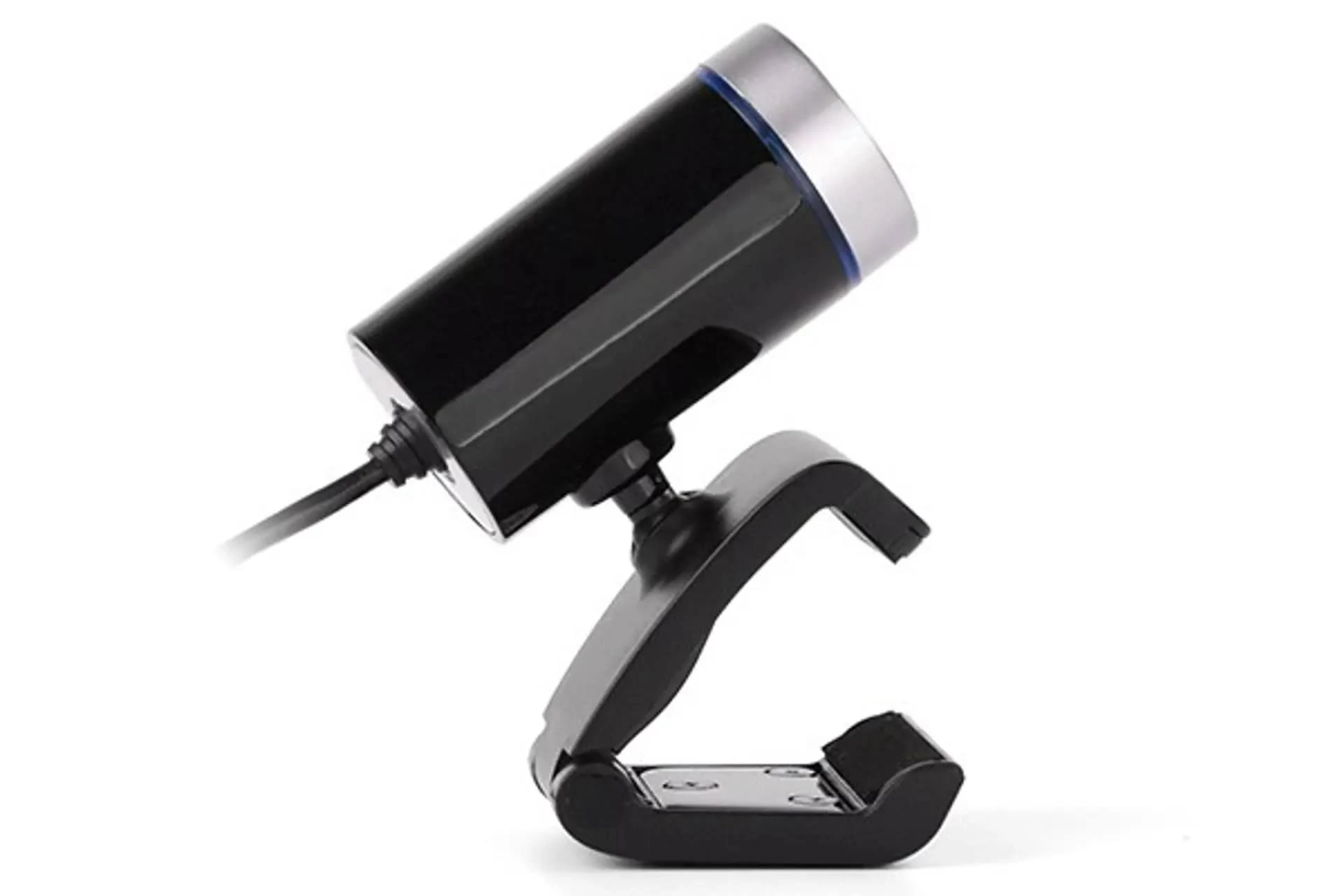 Schwarze Webcam mit silbernen Akzenten. Verstellbarer Ständer und Kabel.