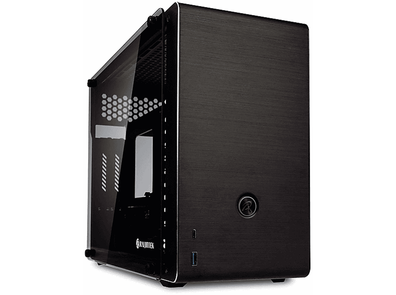 Un case nero per computer con pannello laterale trasparente, angolato su sfondo bianco.