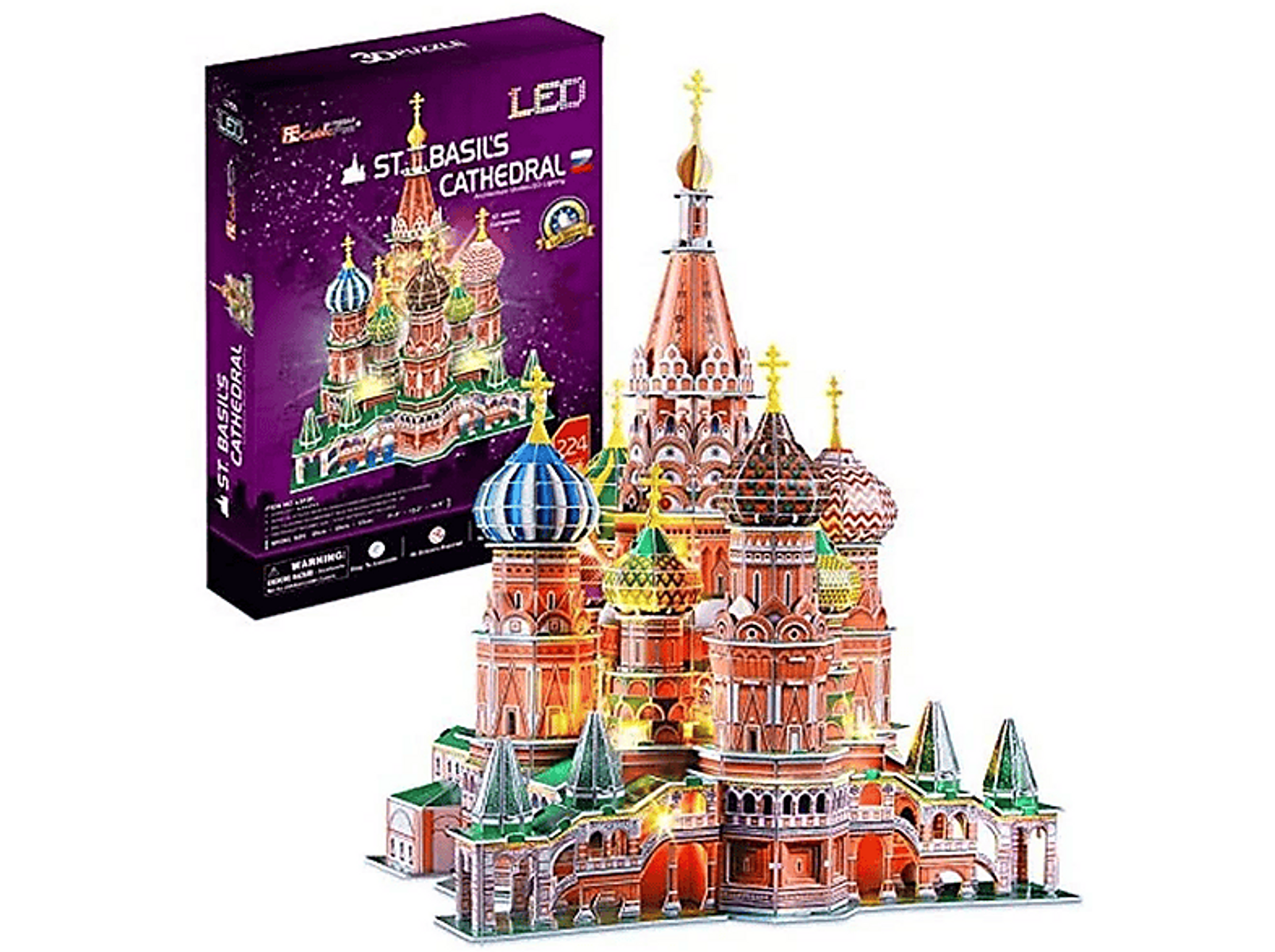 Puzzle der Basilius-Kathedrale. Rot und Gold mit Box links. Weißer Hintergrund.