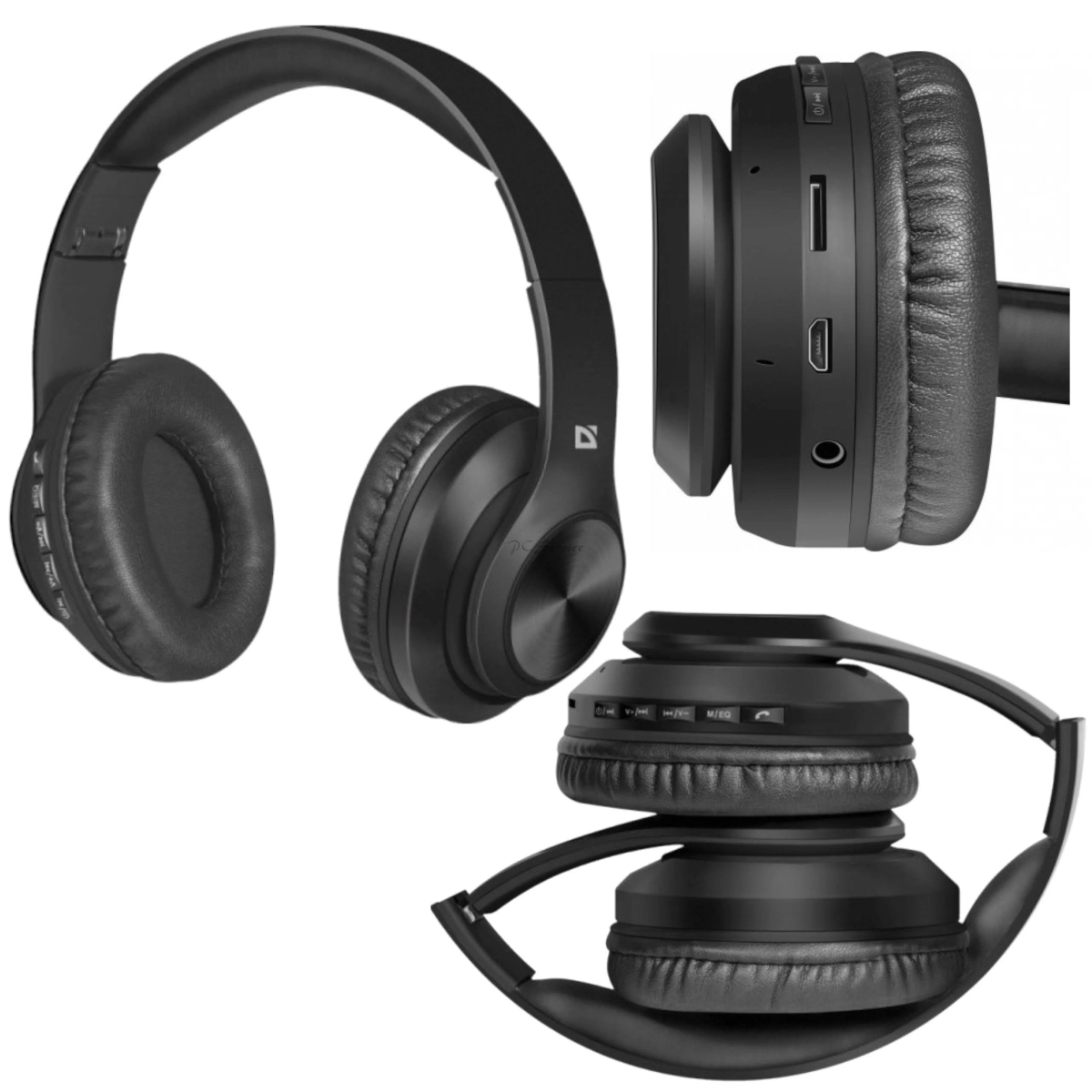 Czarne słuchawki w trzech widokach: złożone, rozłożone i widok z boku pokazujący porty.