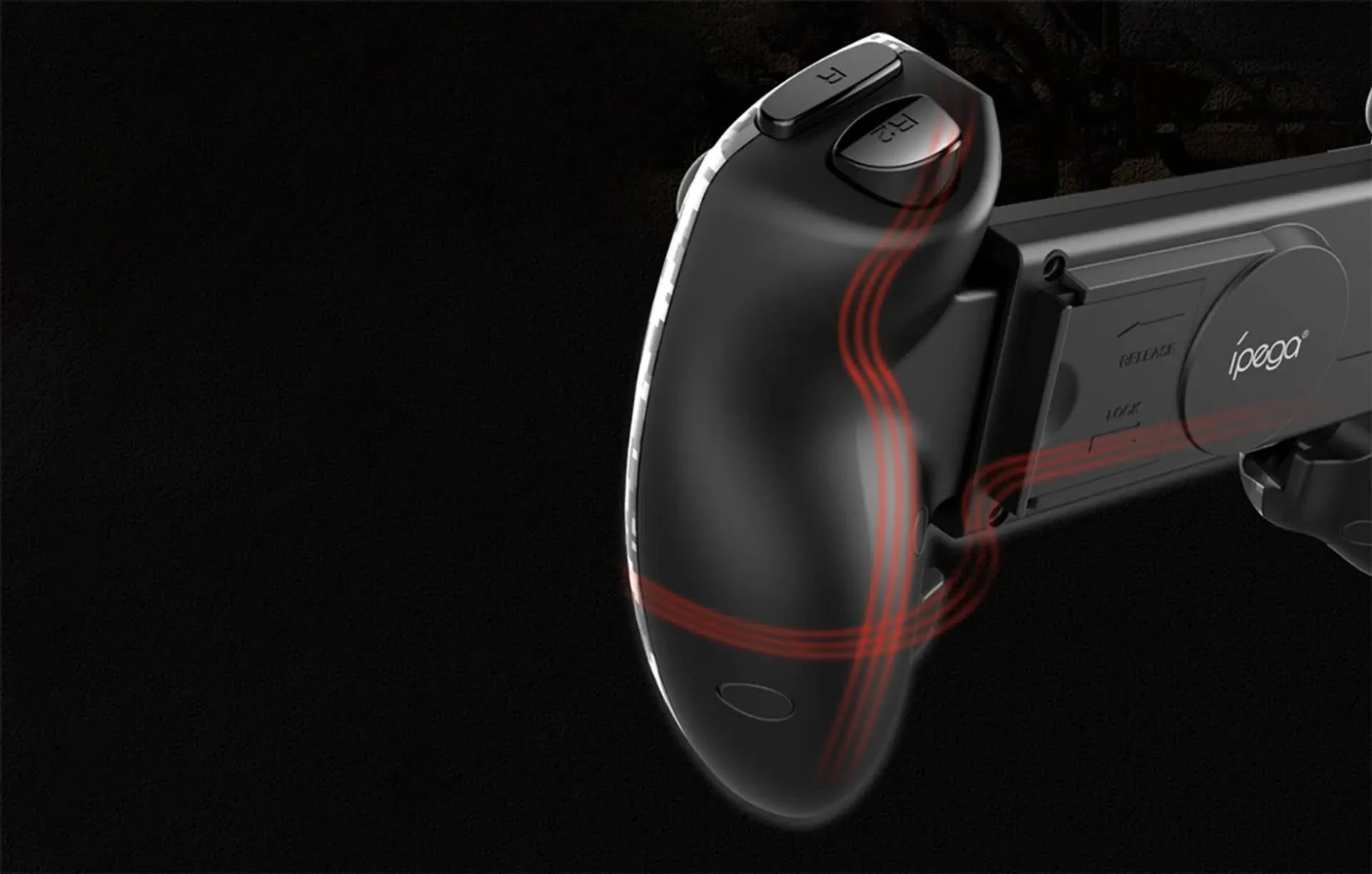 Schwarzer Gamecontroller mit rotem Design am Griff.