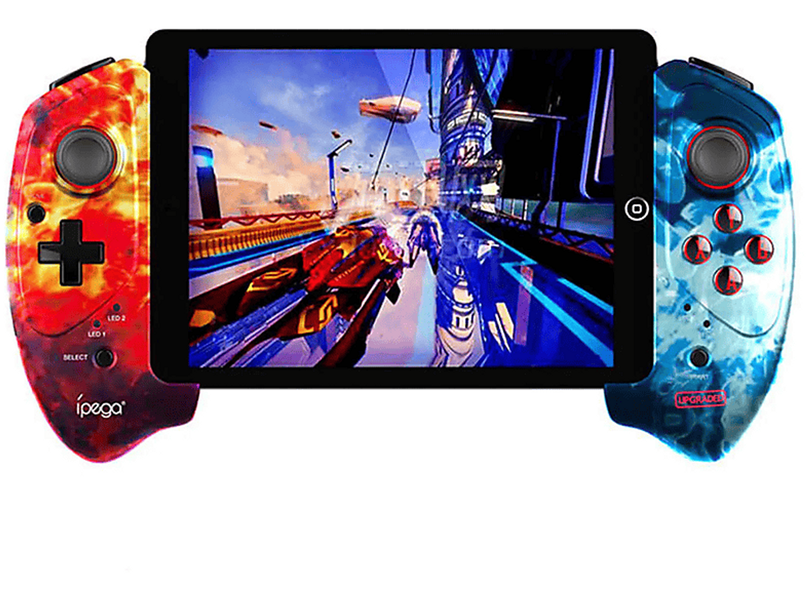 Tablet in Spielcontroller. Rote und blaue Controller auf jeder Seite des Bildschirms.