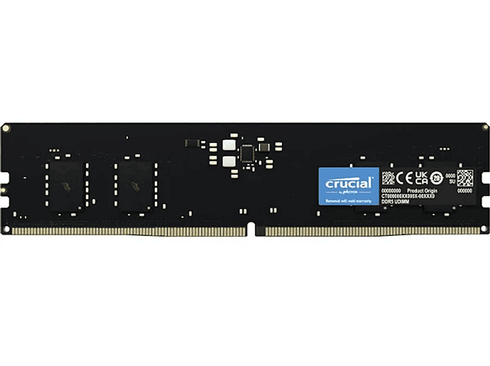 Zwarte Crucial RAM-stick. Het heeft een blauw Crucial-label en meerdere zwarte chips.