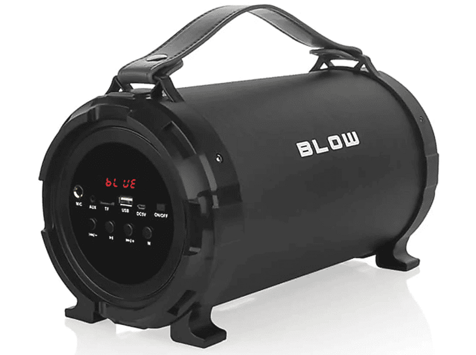 Czarny głośnik cylindryczny z uchwytem, kontrolkami i tekstem 'BLOW'.