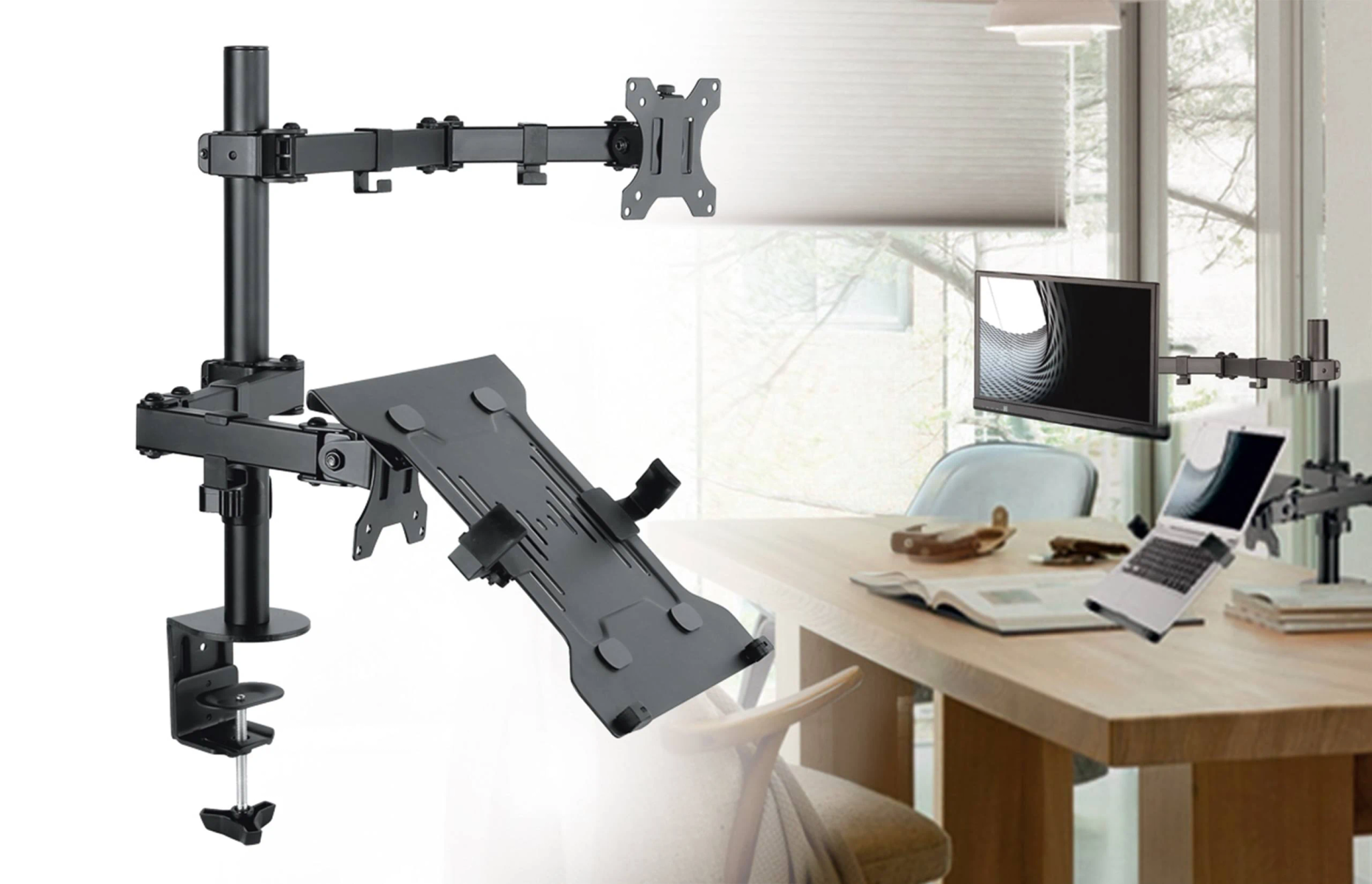 Un support double écran avec un plateau pour ordinateur portable et une configuration de bureau.