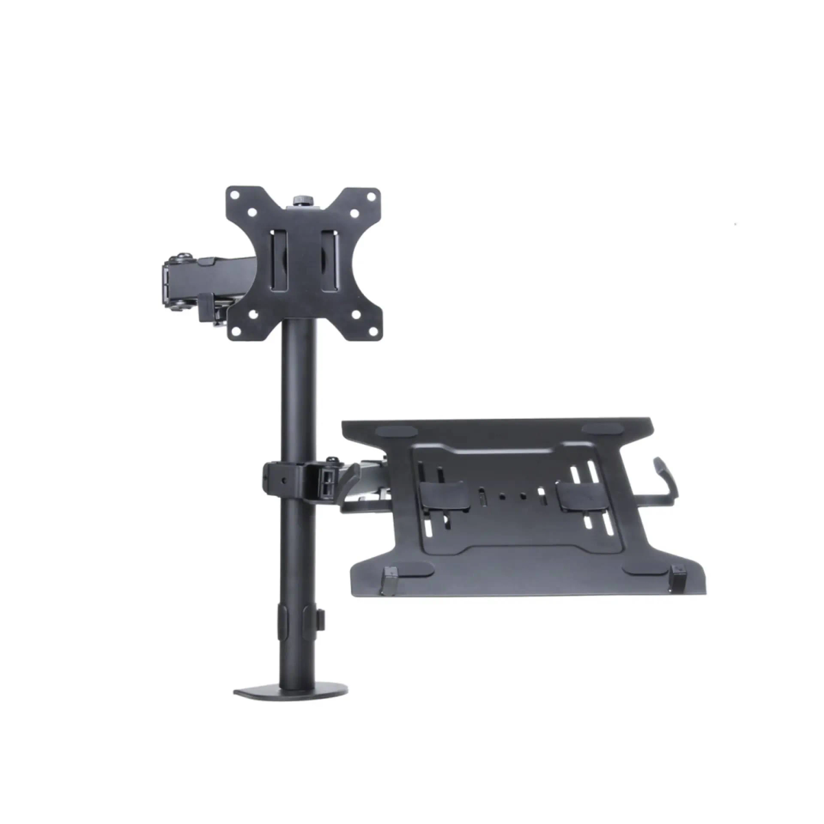 Support d'écran noir. Le support comprend une base, un poteau vertical et un bras horizontal pour un écran.