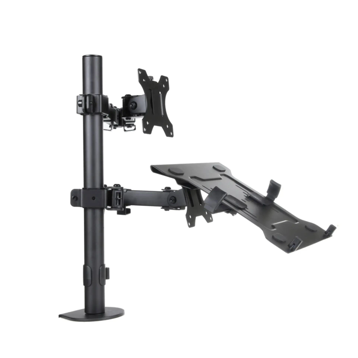 Support d'écran noir avec deux bras, un pour un moniteur et un pour un ordinateur portable.