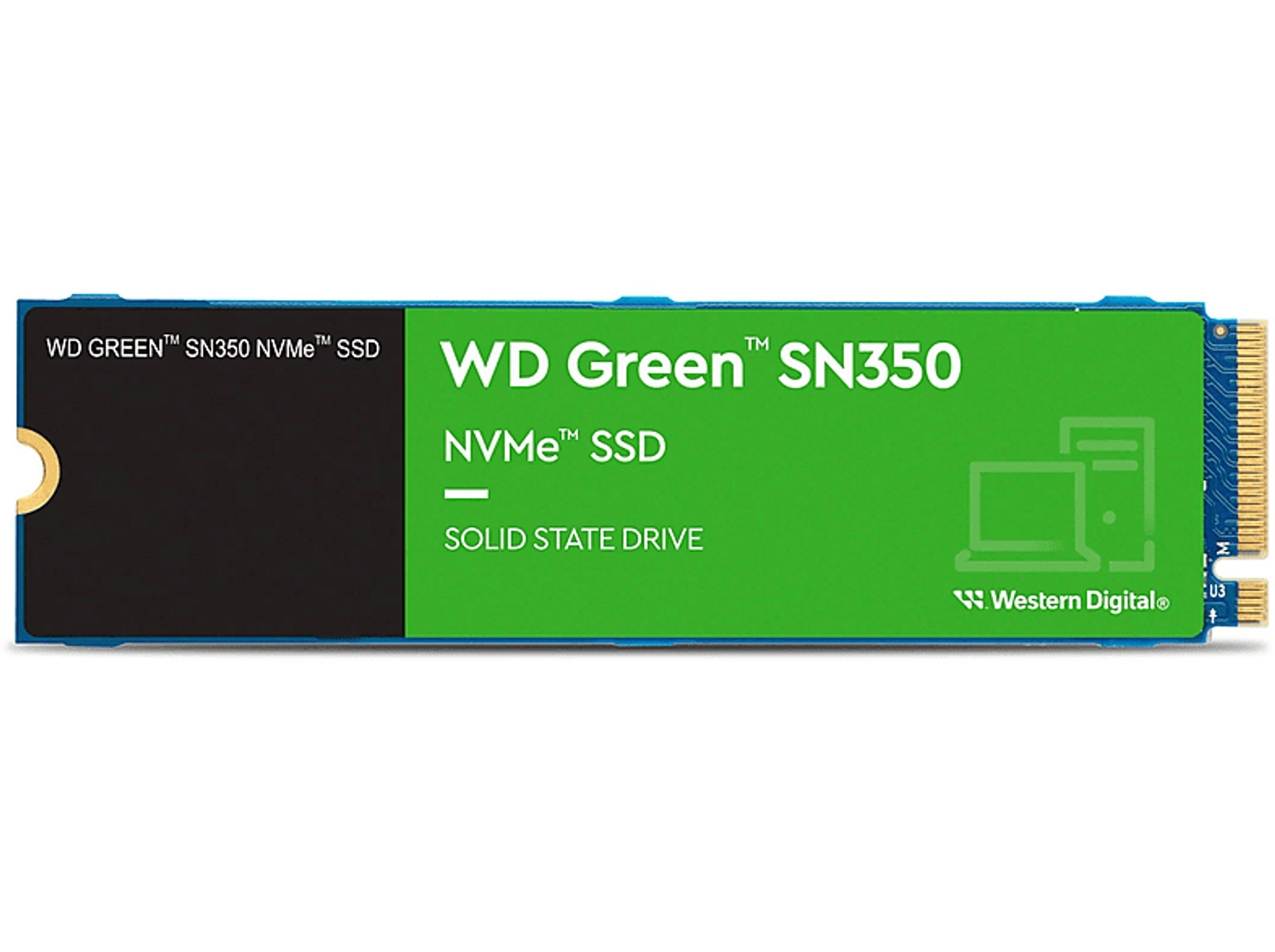 Zielony i czarny dysk SSD NVMe WD Green SN350 z białym tekstem.