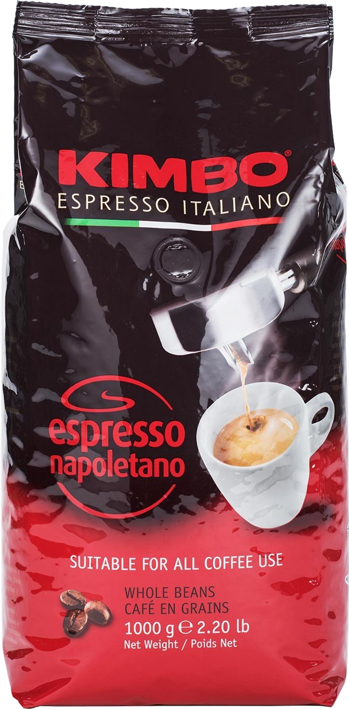 Sacchetto di caffè Kimbo, espresso italiano, rosso, nero. Caffè versato in tazza, chicchi. Sfondo bianco.