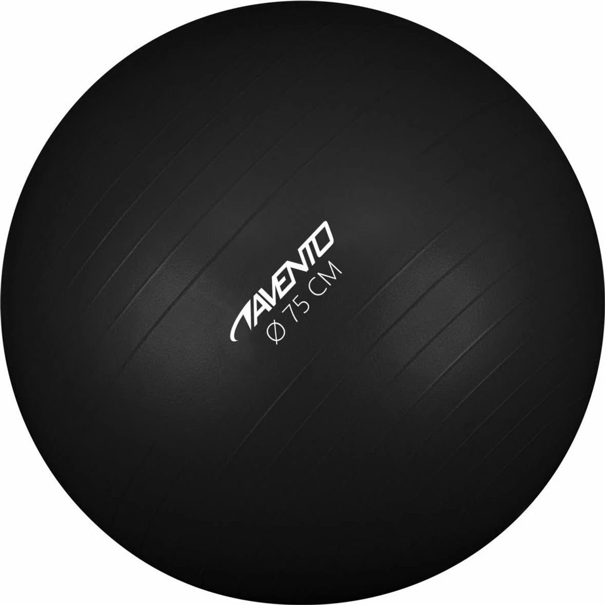Schwarzer Gymnastikball mit weißem 'AVENTO'-Branding und 75 cm Durchmesser.