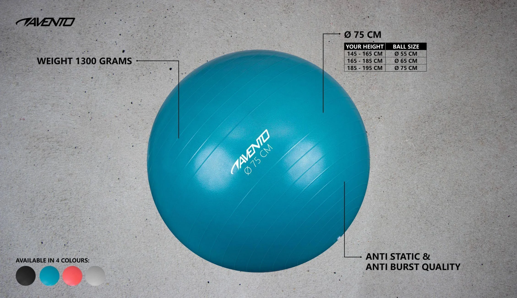 Türkisfarbener Gymnastikball mit Text, schwarz, türkis, rosa und grau, Studiohintergrund.